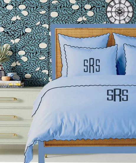 Monogram Light Blue 400TC Cotton Small Scallop Embroidery Duvet Cover Set