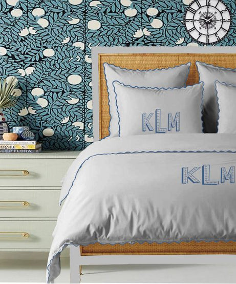 Monogram Light Grey 400TC Cotton Small Scallop Embroidery Duvet Cover Set
