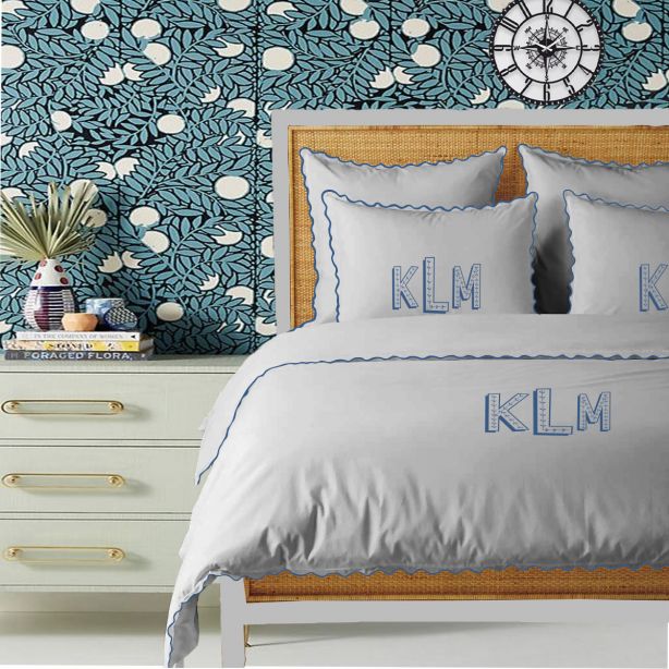 Monogram Light Grey 400TC Cotton Small Scallop Embroidery Duvet Cover Set