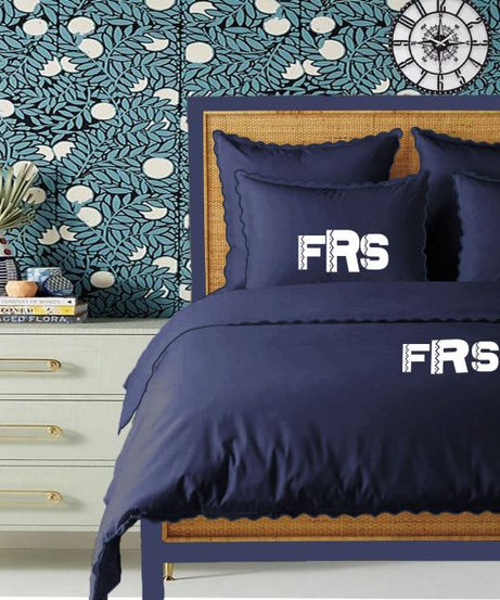 Monogram Navy 400TC Cotton Small Scallop Embroidery Duvet Cover Set