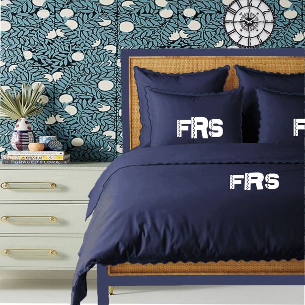 Monogram Navy 400TC Cotton Small Scallop Embroidery Duvet Cover Set