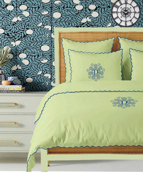 Monogram Sage 400TC Cotton Small Scallop Embroidery Duvet Cover Set