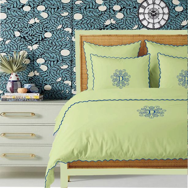 Monogram Sage 400TC Cotton Small Scallop Embroidery Duvet Cover Set