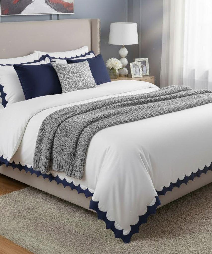 Reverse Scalloped Applique Embroidery Cotton Duvet Cover Set