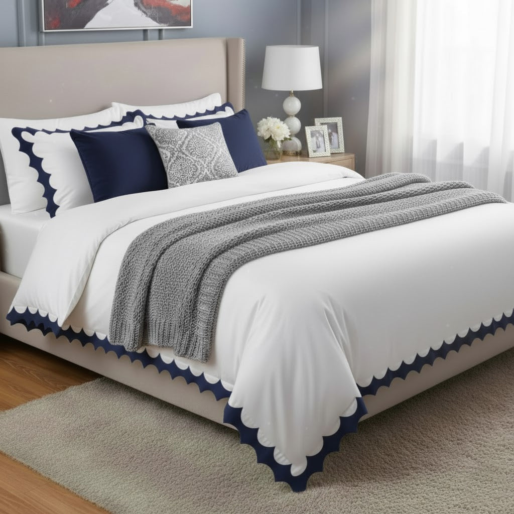 Reverse Scalloped Applique Embroidery Cotton Duvet Cover Set
