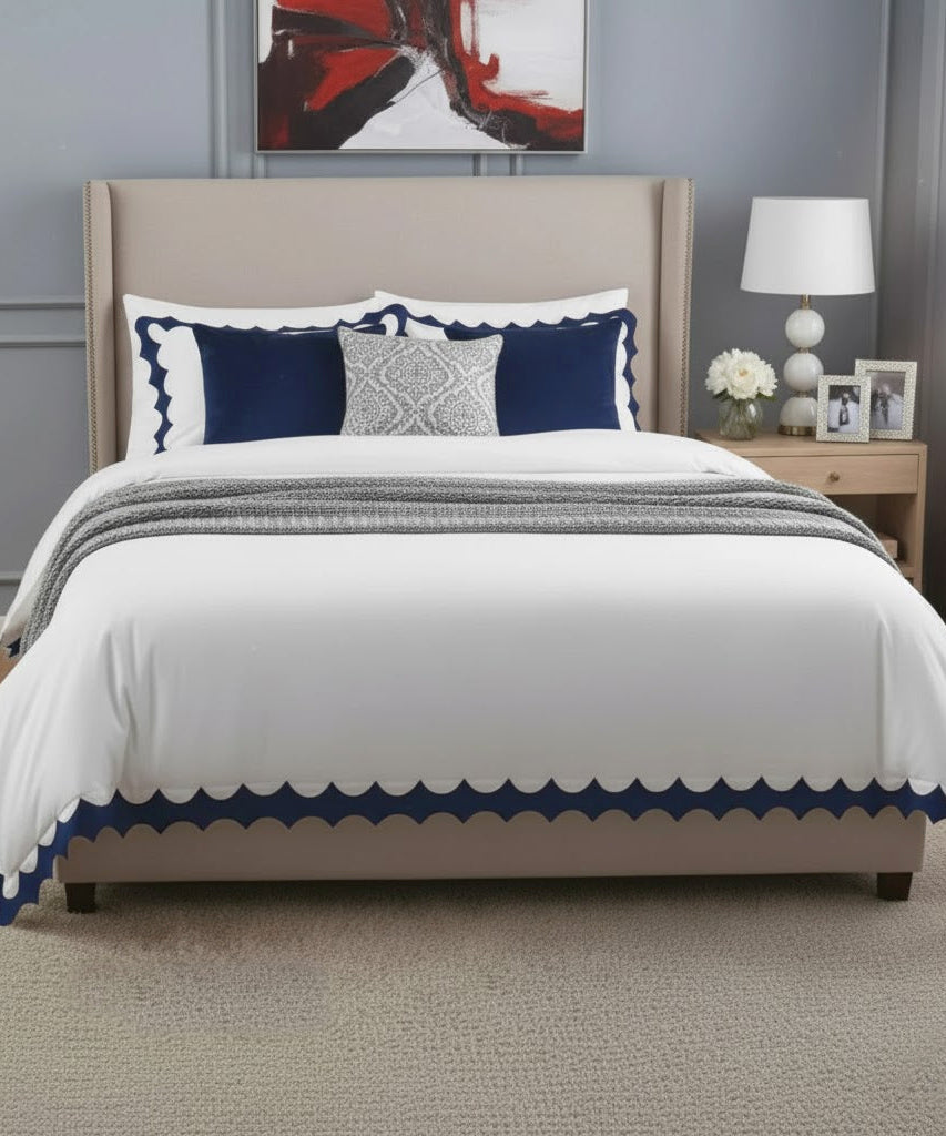 Reverse Scalloped Applique Embroidery Cotton Duvet Cover Set