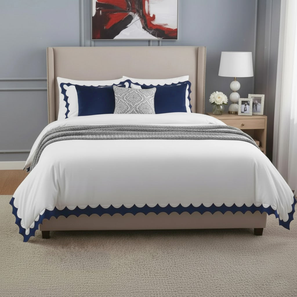Reverse Scalloped Applique Embroidery Cotton Duvet Cover Set