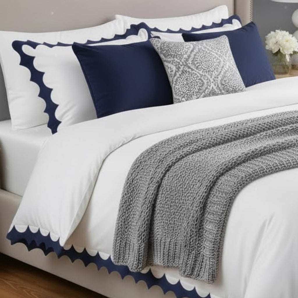 Reverse Scalloped Applique Embroidery Cotton Duvet Cover Set