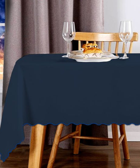 Scallop Embroidery Sateen Cotton Solid Table Cloth - Navy