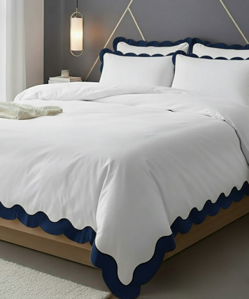 Scalloped & Wavy Applique Embroidery Cotton Duvet Cover Set
