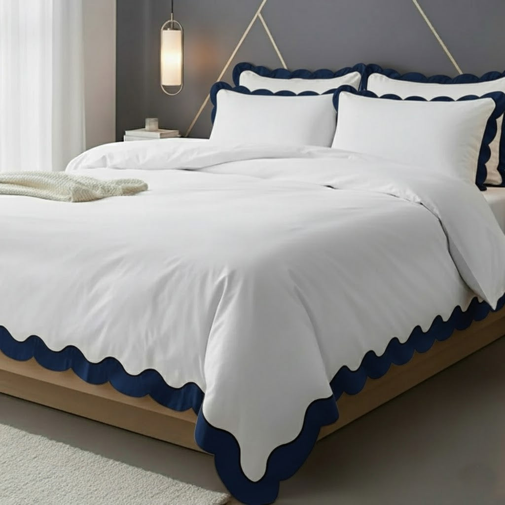 Scalloped & Wavy Applique Embroidery Cotton Duvet Cover Set