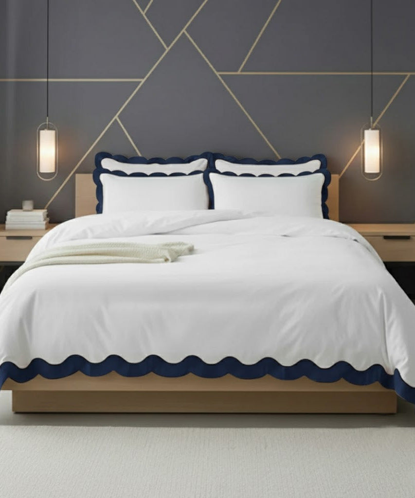 Scalloped & Wavy Applique Embroidery Cotton Duvet Cover Set