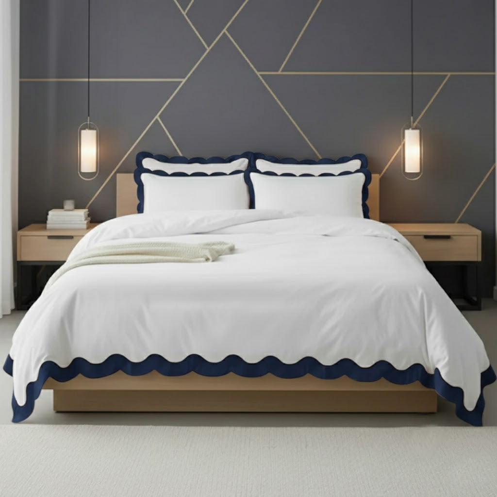 Scalloped & Wavy Applique Embroidery Cotton Duvet Cover Set