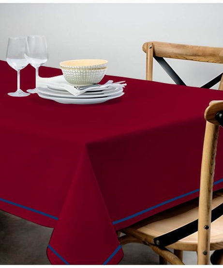 Single Embroidery Border Sateen Cotton Solid Table Cloth - Burgundy