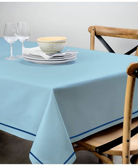 Single Embroidery Border Sateen Cotton Solid Table Cloth - Light Blue