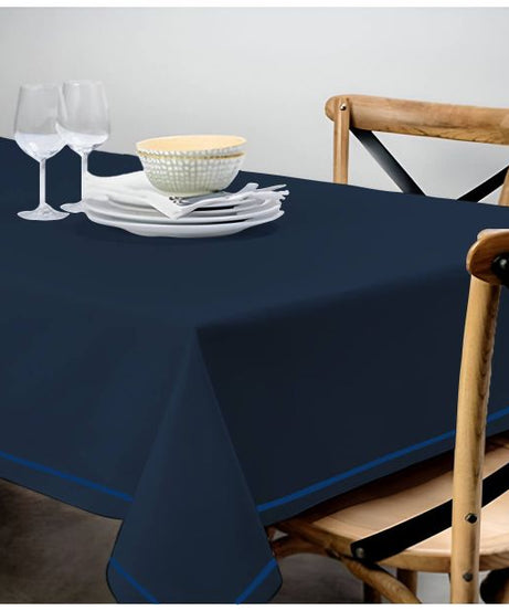 Single Embroidery Border Sateen Cotton Solid Table Cloth - Navy