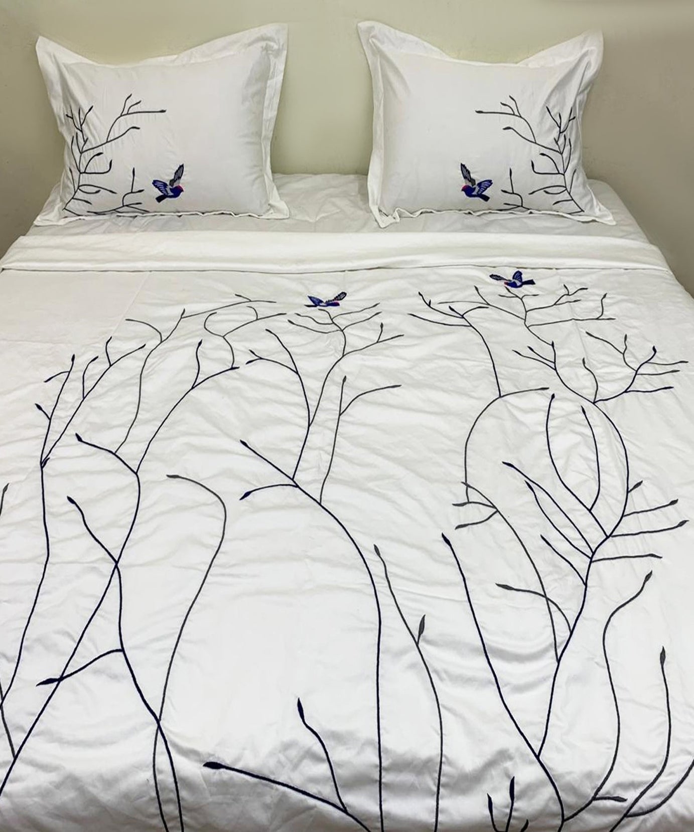 Swallow Embroidered Cotton Sateen Duvet Cover Set
