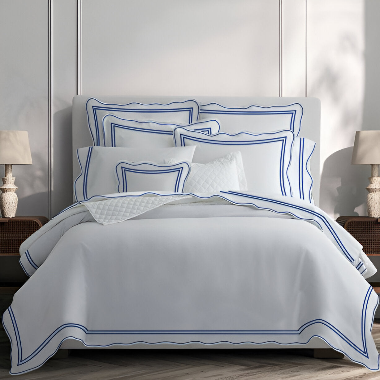 400TC Wavy Embroidery & Border Cotton Sateen Solid Duvet Cover Set