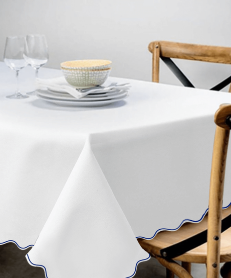 Scallop Embroidery Sateen Poly Cotton Solid Table Cloth