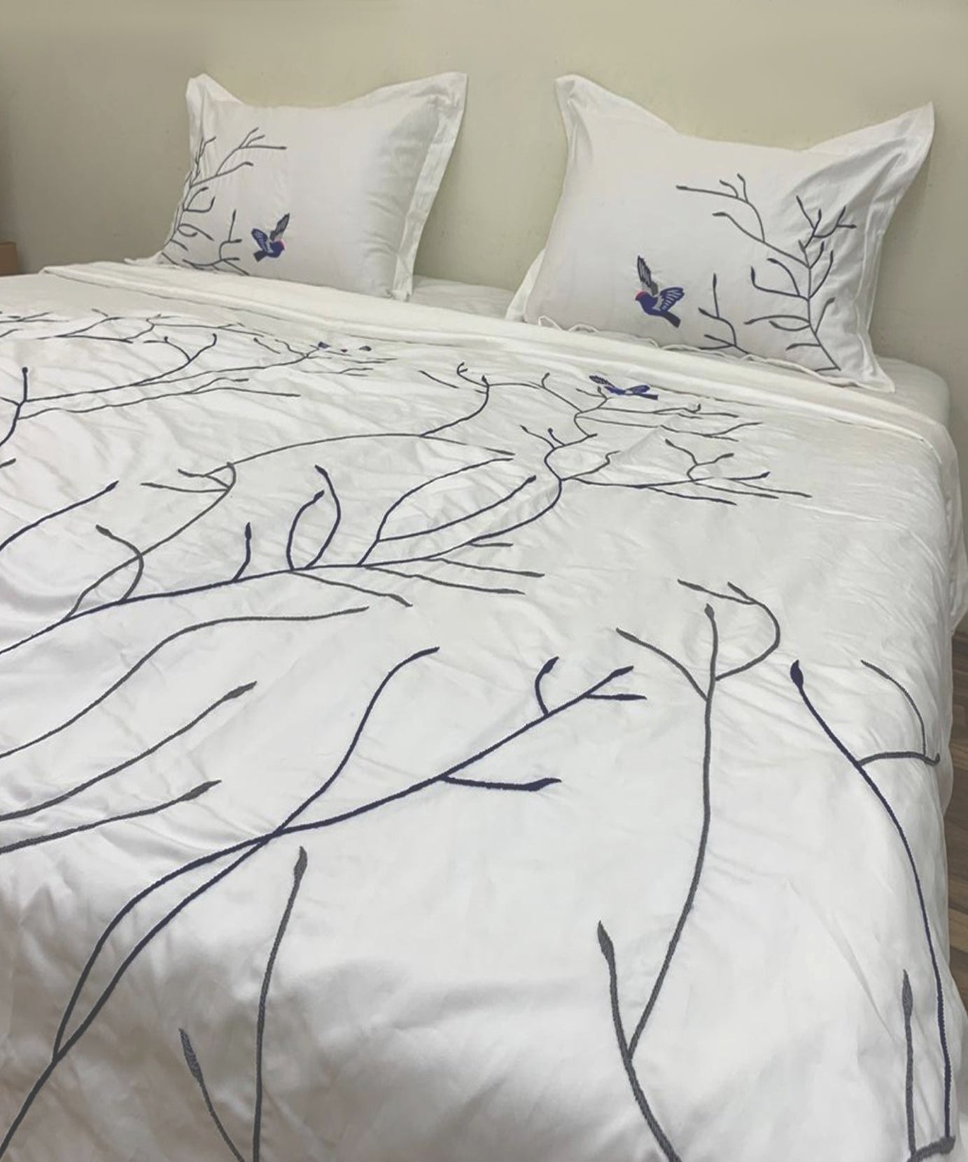 Swallow Embroidered Cotton Sateen Duvet Cover Set