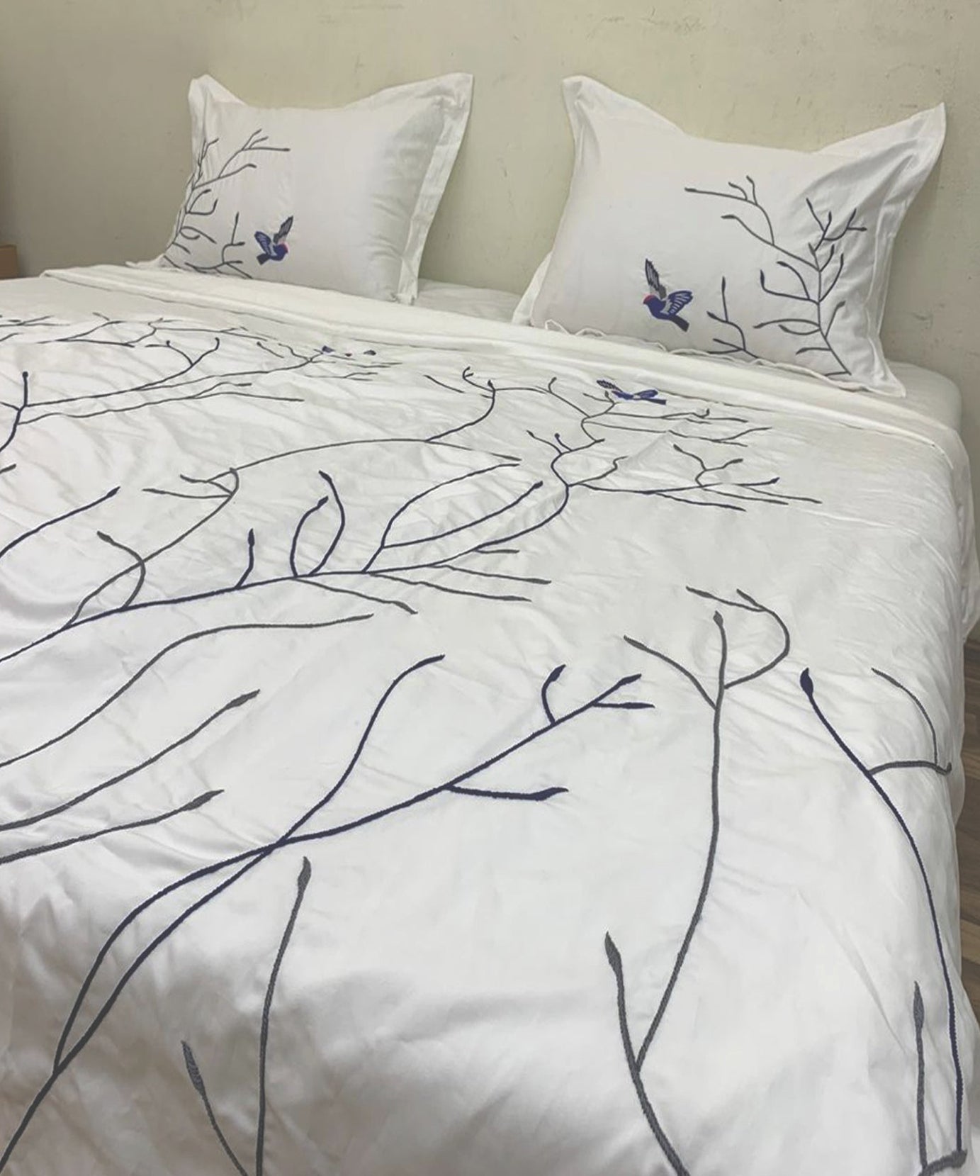 Swallow Embroidered Cotton Sateen Duvet Cover Set