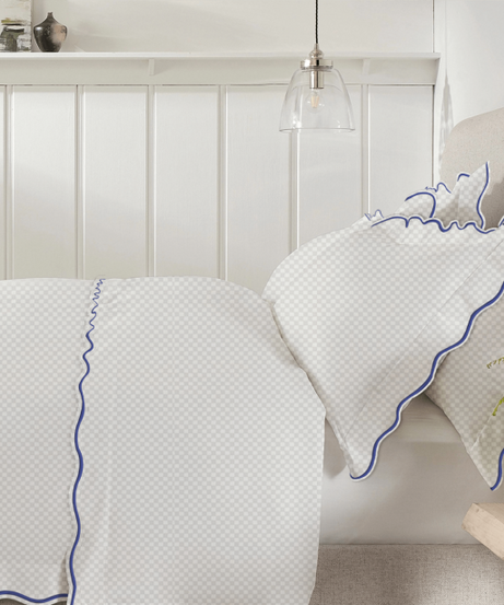400TC Cotton Scallop Embroidery Sateen Microcheck Duvet Cover Set