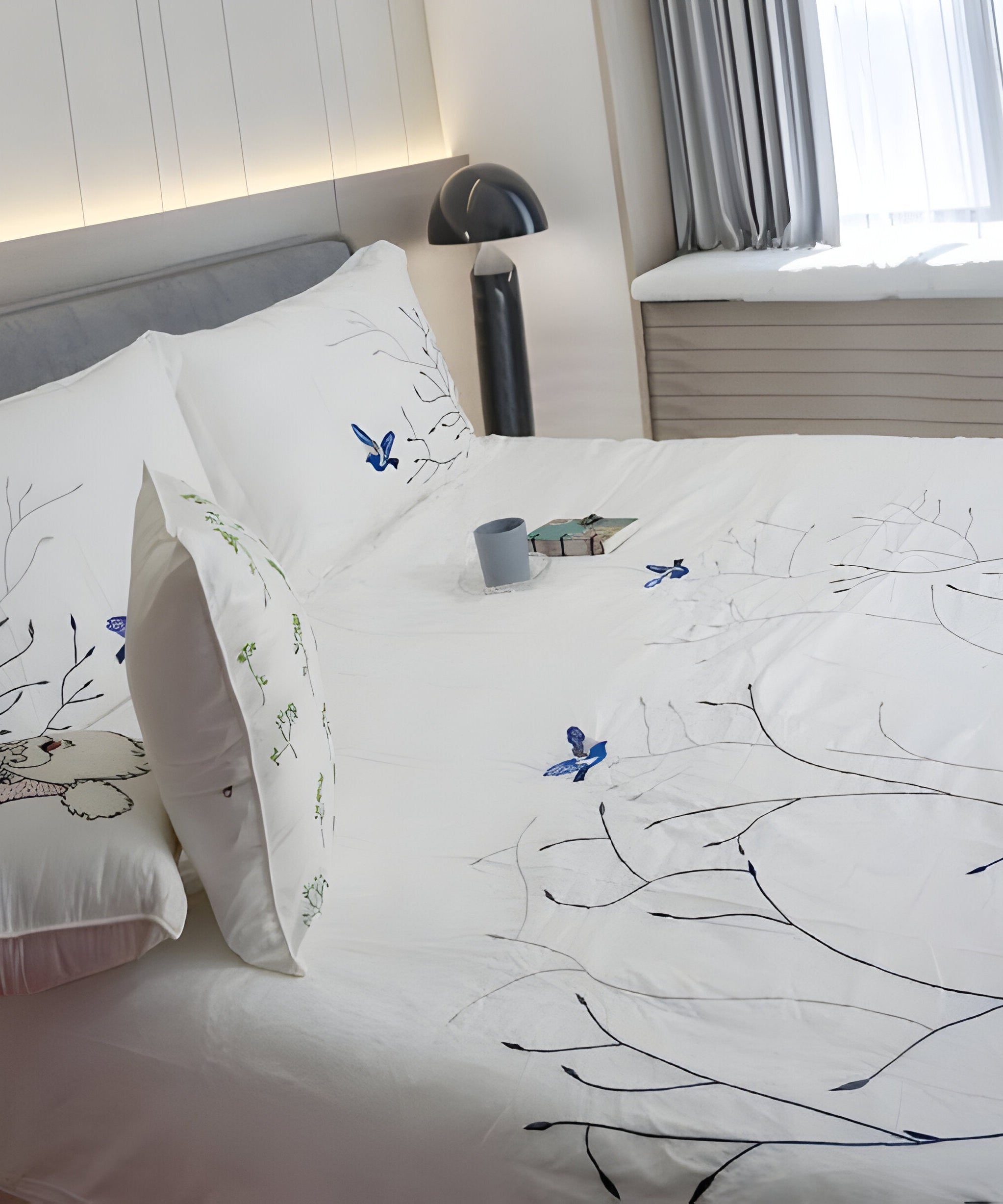 Swallow Embroidered Cotton Sateen Duvet Cover Set