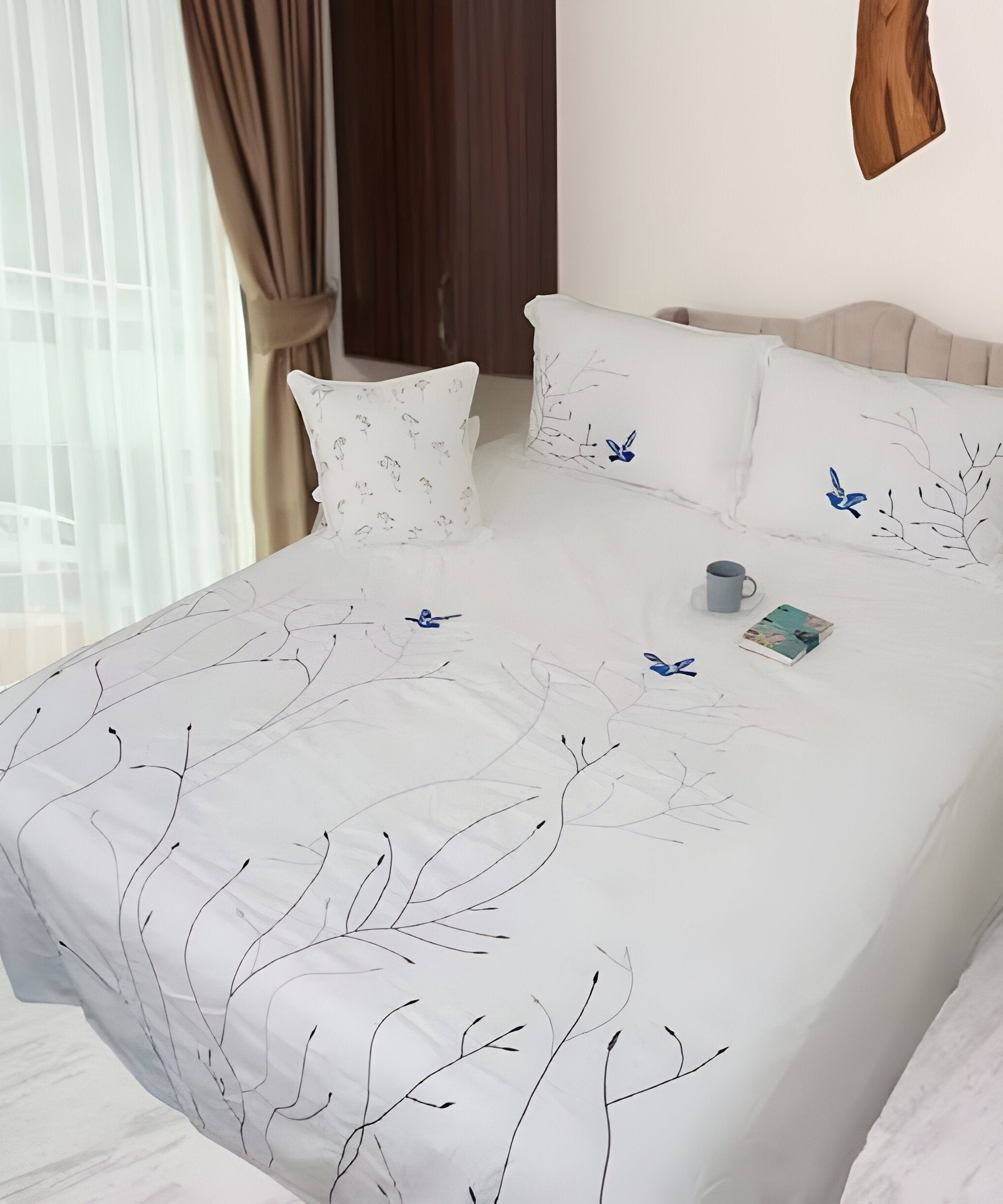 Swallow Embroidered Cotton Sateen Duvet Cover Set