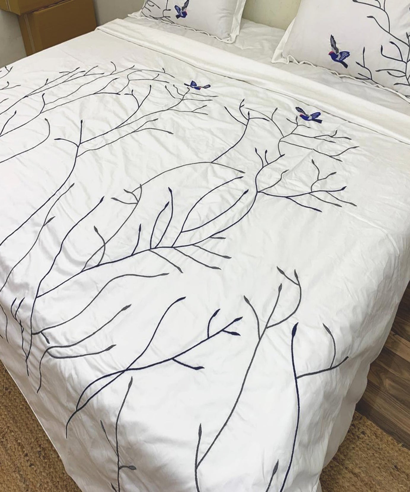 Swallow Embroidered Cotton Sateen Duvet Cover Set
