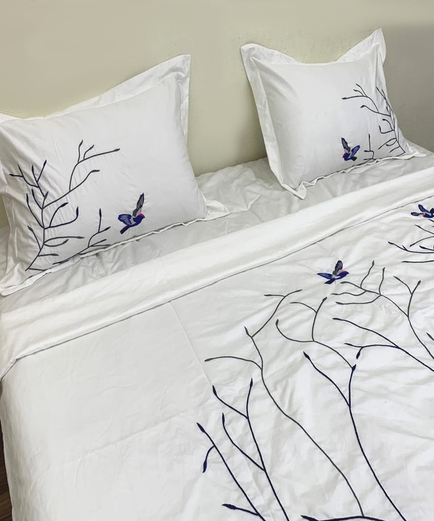 Swallow Embroidered Cotton Sateen Duvet Cover Set