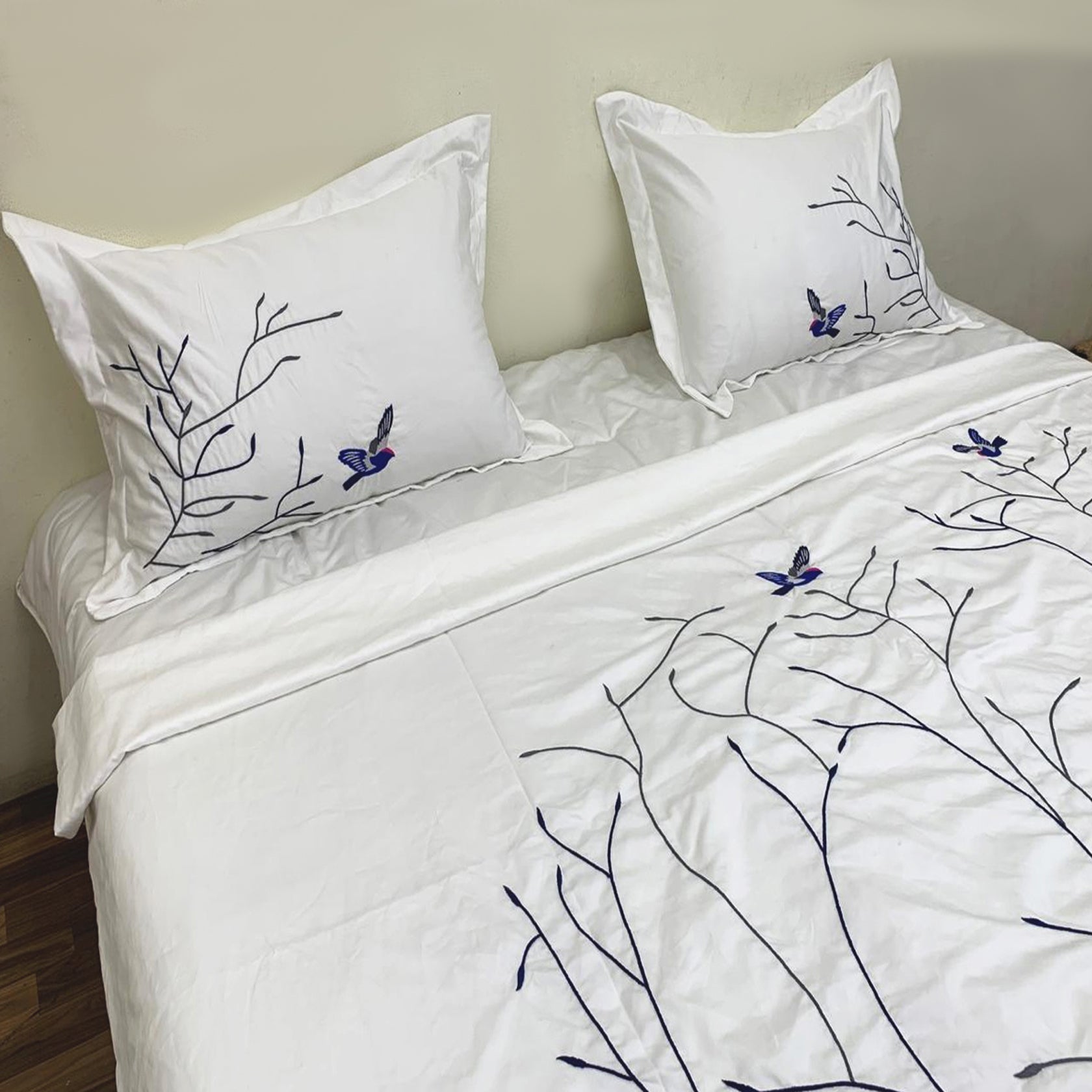 Swallow Embroidered Cotton Sateen Duvet Cover Set