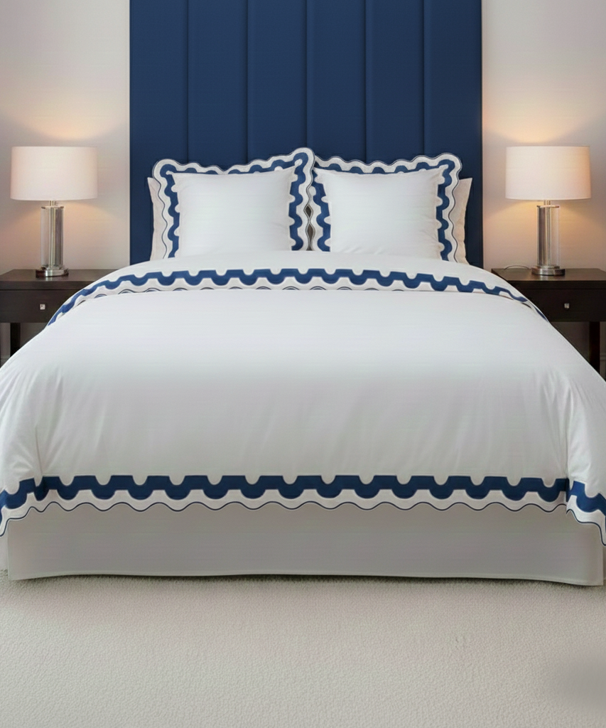 400TC U Shape Applique Scalloped Embroidery Cotton Duvet Cover Set