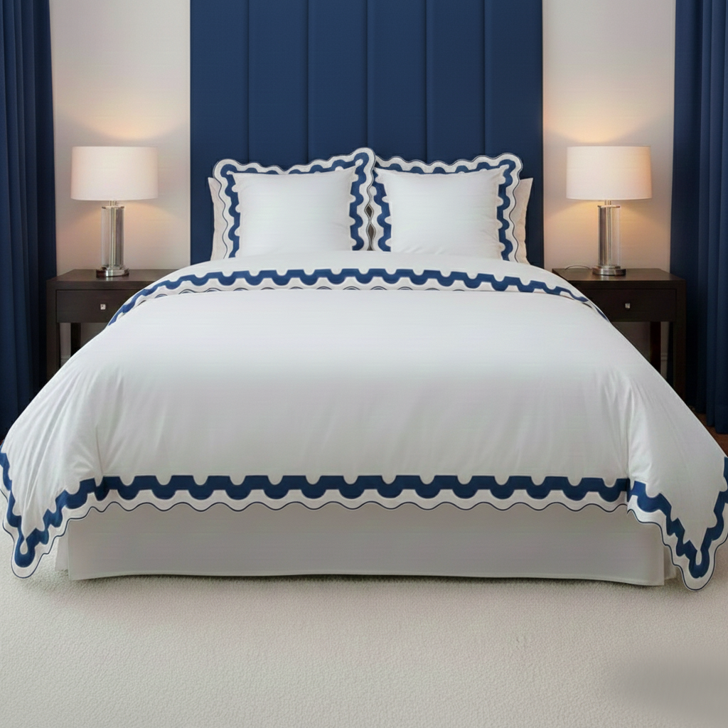 400TC U Shape Applique Scalloped Embroidery Cotton Duvet Cover Set