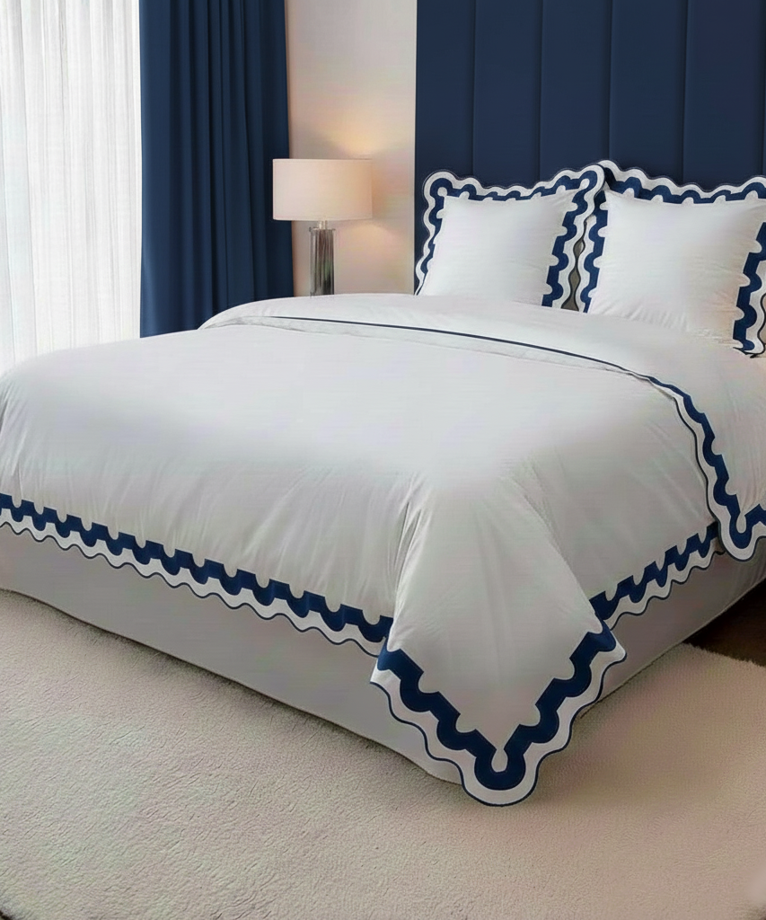 400TC U Shape Applique Scalloped Embroidery Cotton Duvet Cover Set