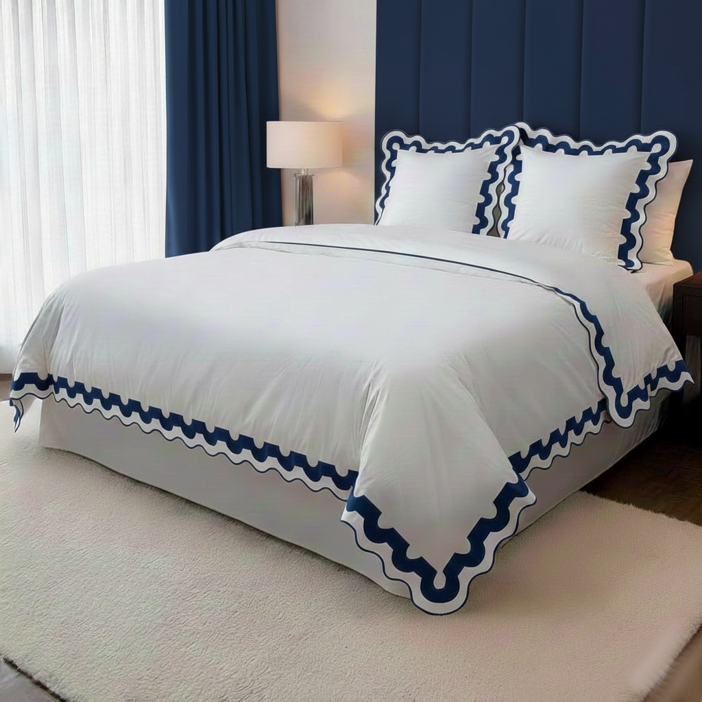 400TC U Shape Applique Scalloped Embroidery Cotton Duvet Cover Set