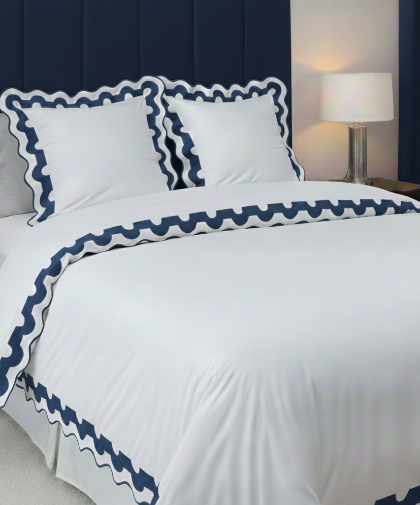 400TC U Shape Applique Scalloped Embroidery Cotton Duvet Cover Set