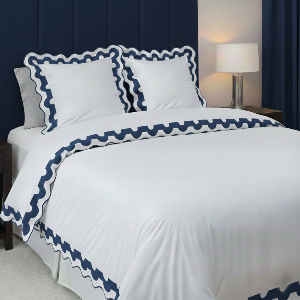 400TC U Shape Applique Scalloped Embroidery Cotton Duvet Cover Set