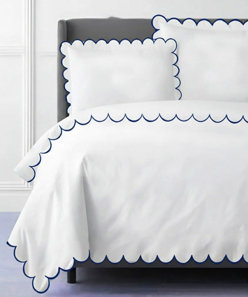 Allena 400TC Cotton Scallop Embroidery Sateen Solid Duvet Cover Set