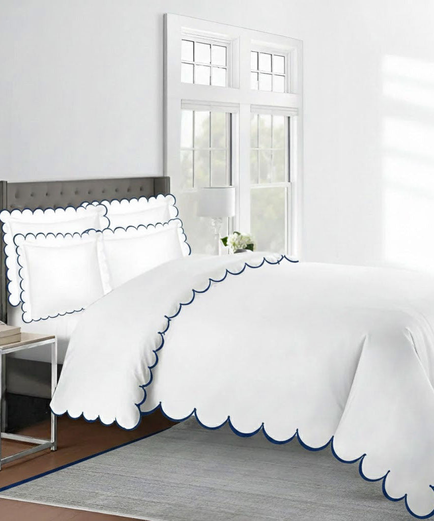 Allena 400TC Cotton Scallop Embroidery Sateen Solid Duvet Cover Set