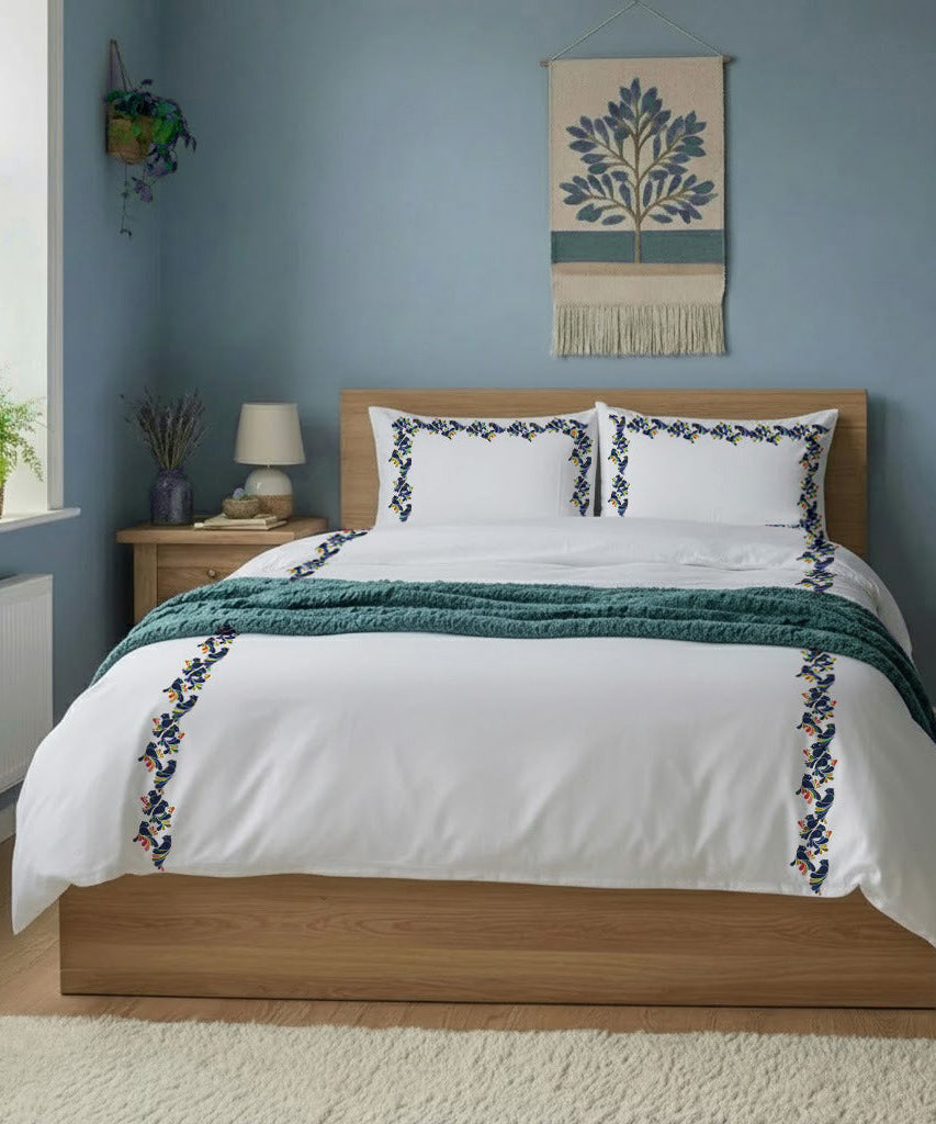 Bird Embroidered Cotton Duvet Cover Set