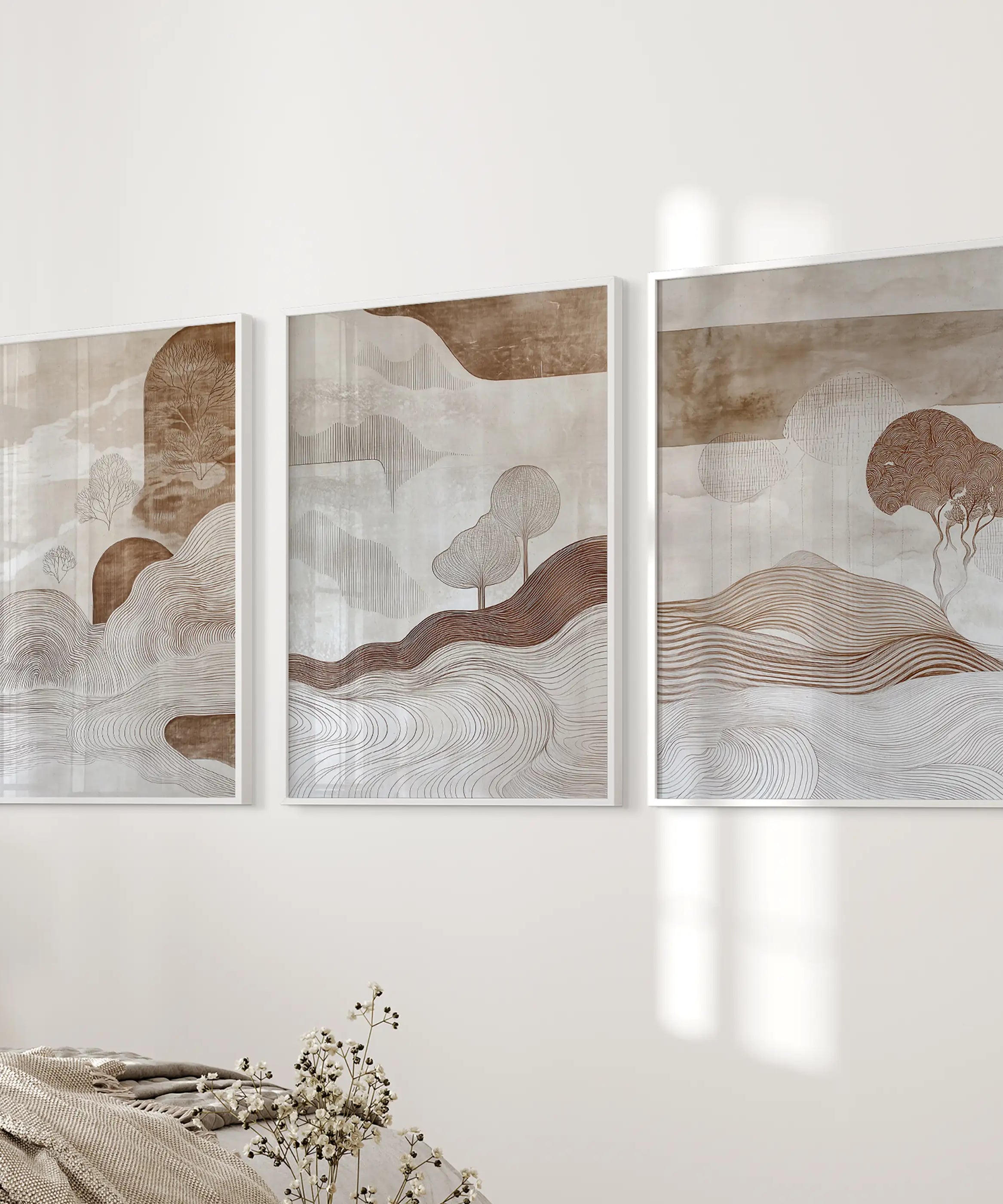 Wabi Sabi Line Art Set of 3 Prints. Earth Tones Landscape
