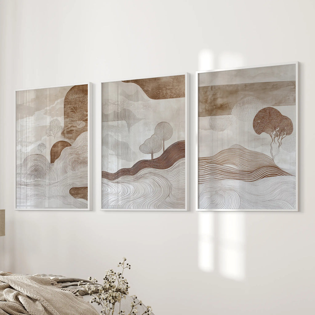 Wabi Sabi Line Art Set of 3 Prints. Earth Tones Landscape