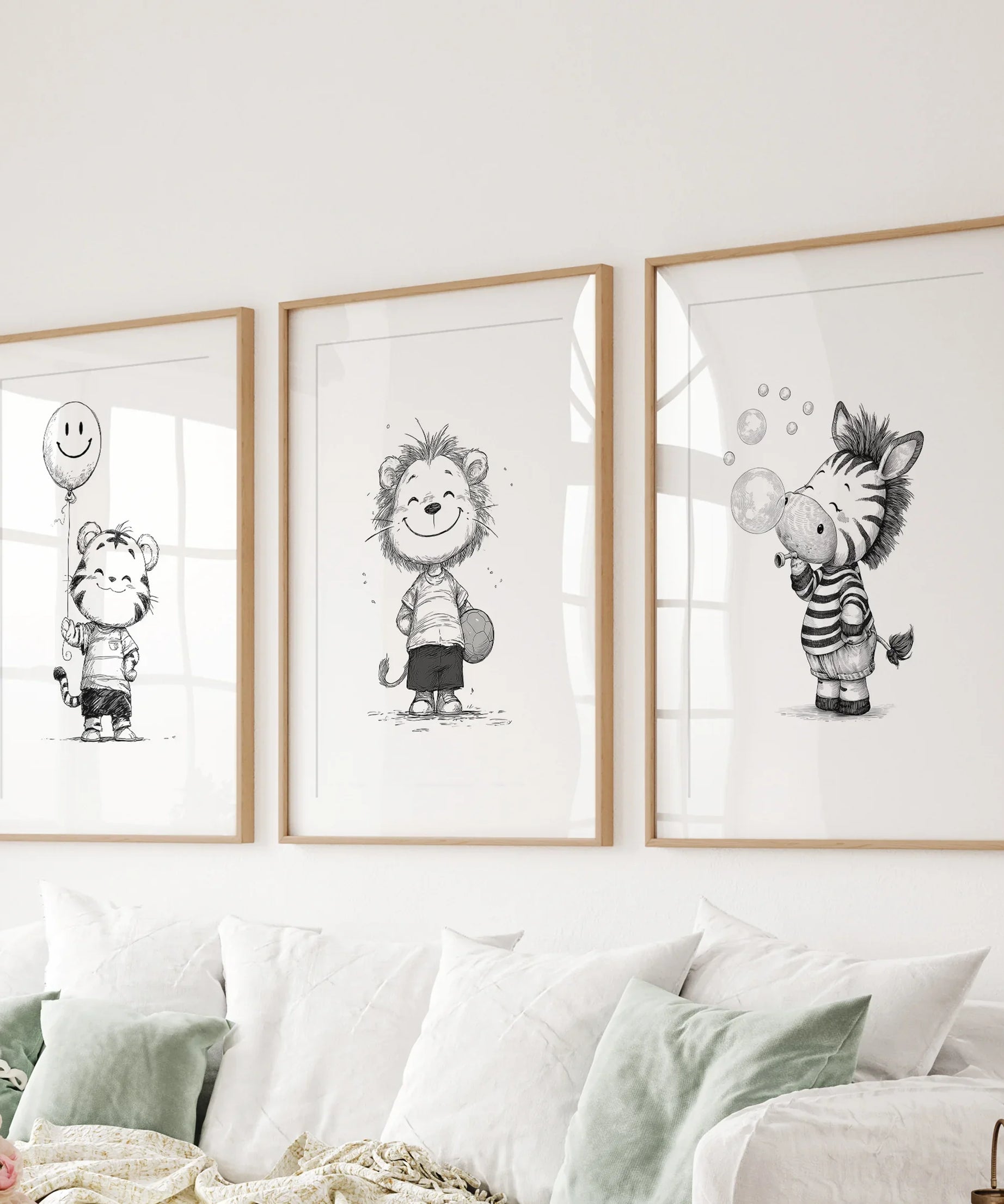 Black White Gender-Neutral Nursery Art Set. Lion Tiger Zebra