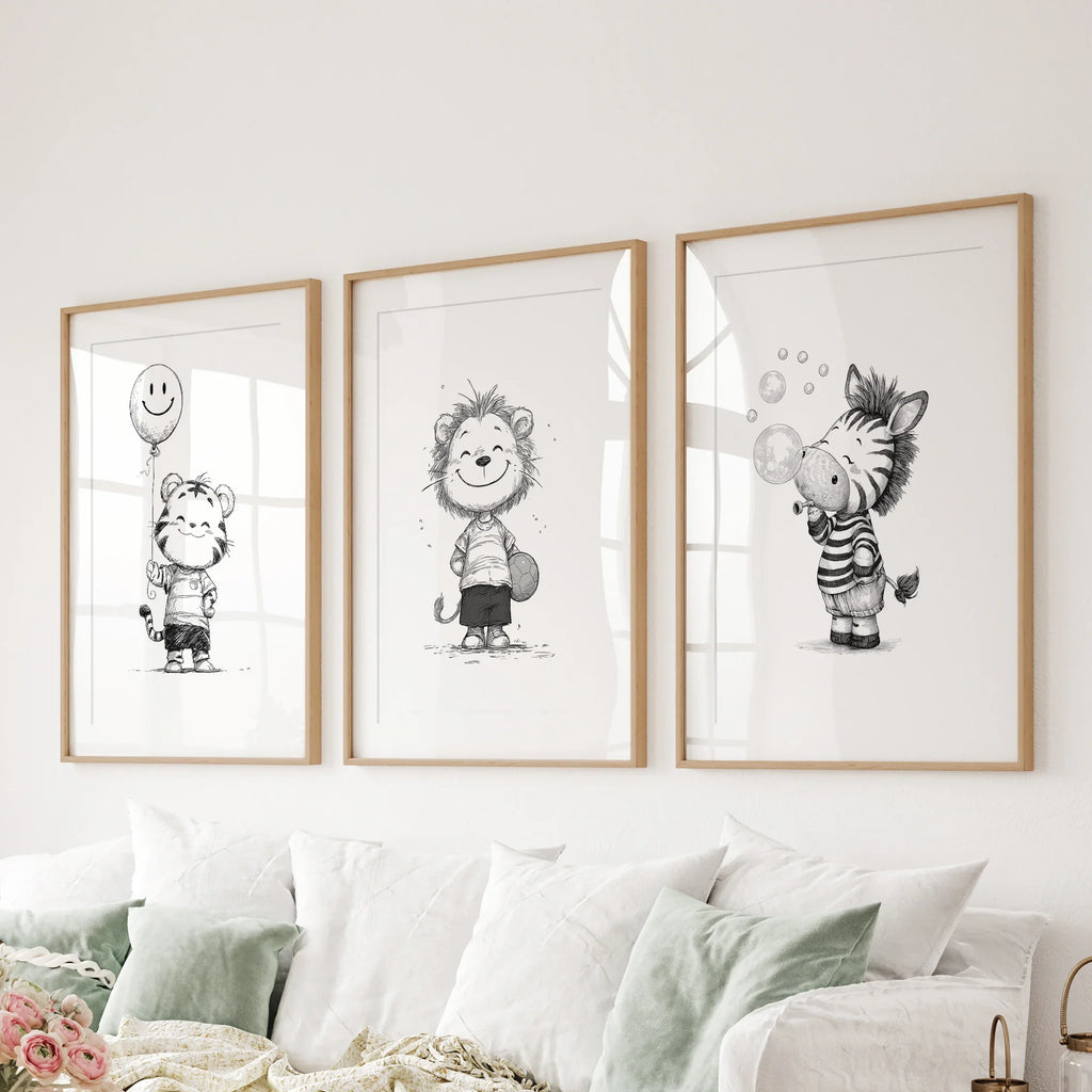 Black White Gender-Neutral Nursery Art Set. Lion Tiger Zebra
