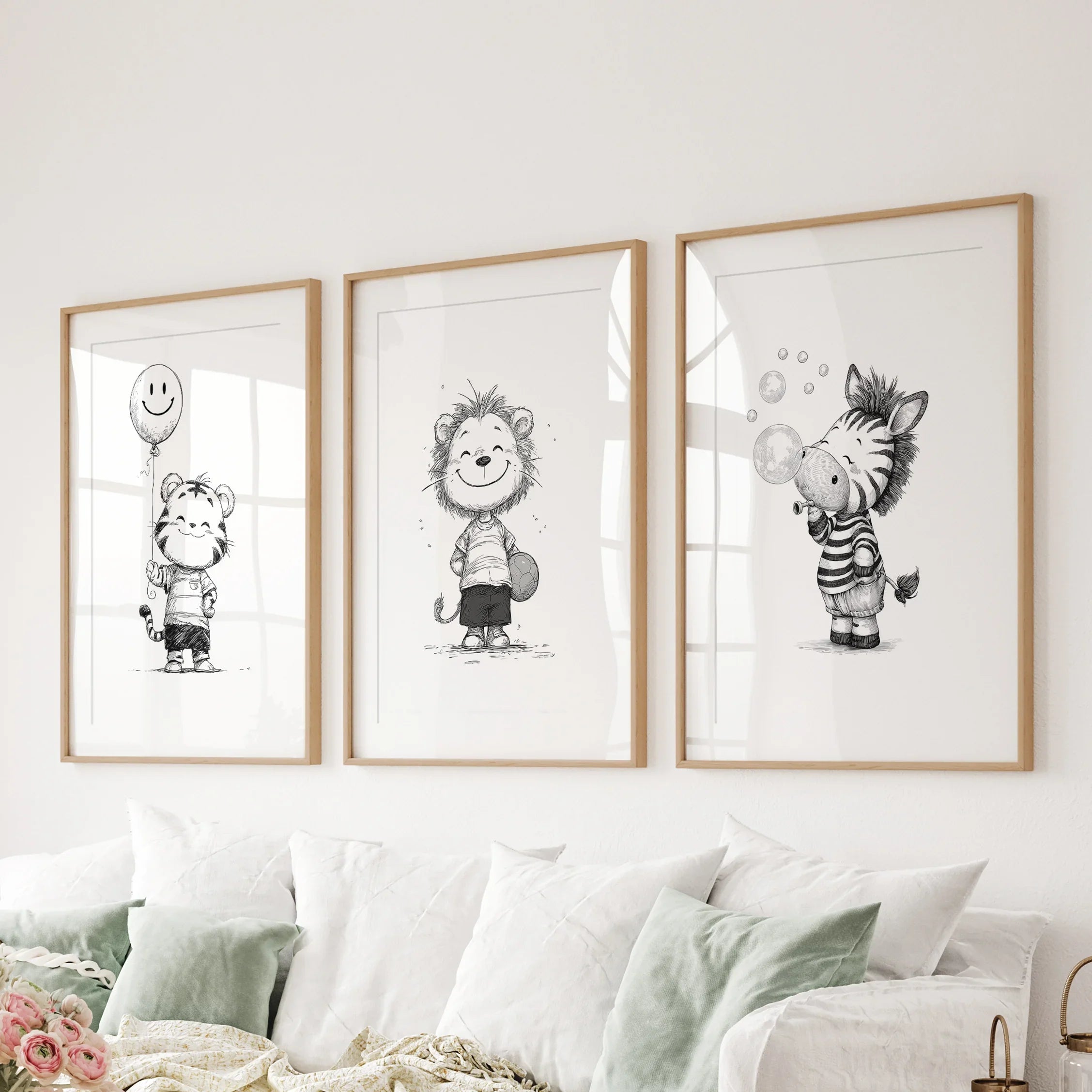 Black White Gender-Neutral Nursery Art Set. Lion Tiger Zebra