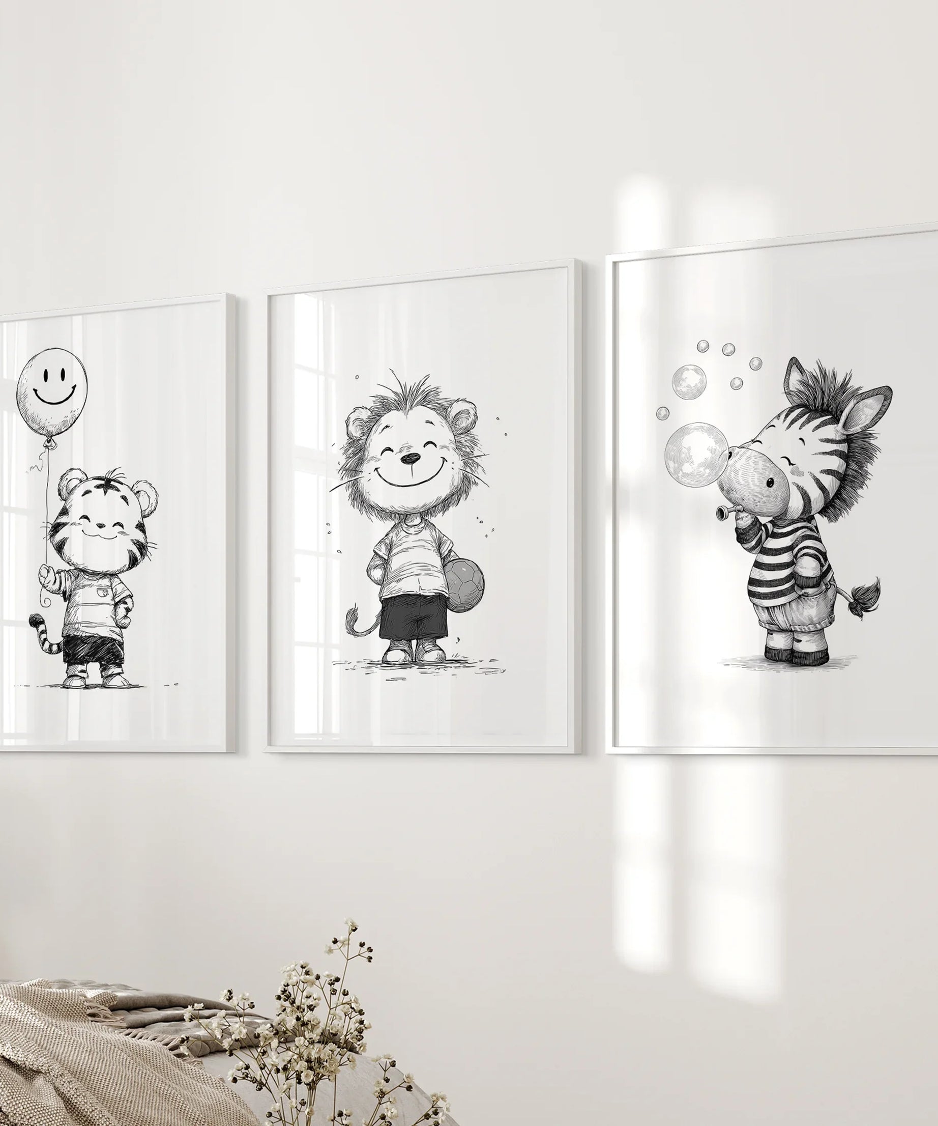Black White Gender-Neutral Nursery Art Set. Lion Tiger Zebra