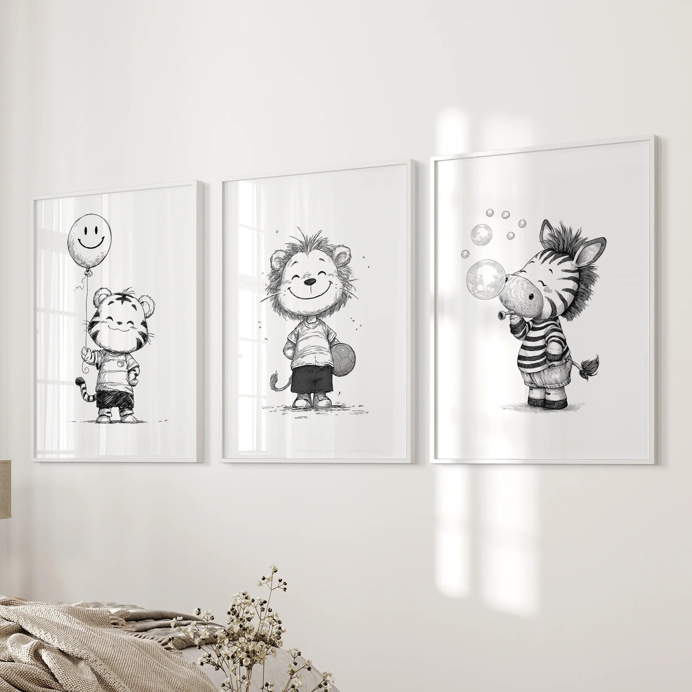 Black White Gender-Neutral Nursery Art Set. Lion Tiger Zebra