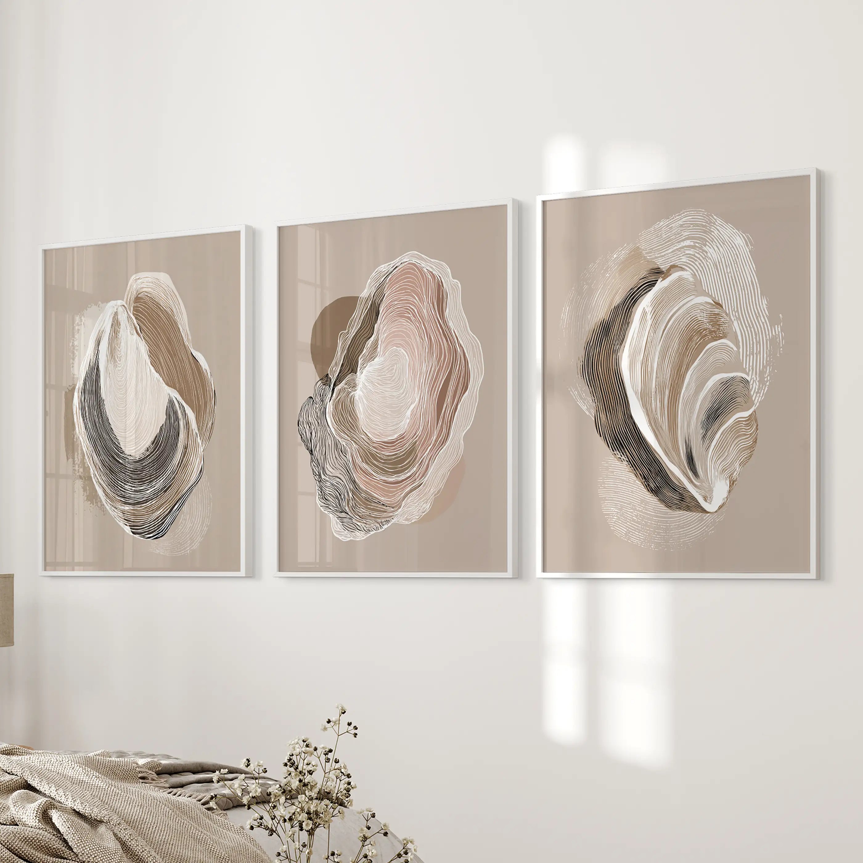 Vintage Oyster Shell Sketch. Minimalist Coastal Wall Art Set