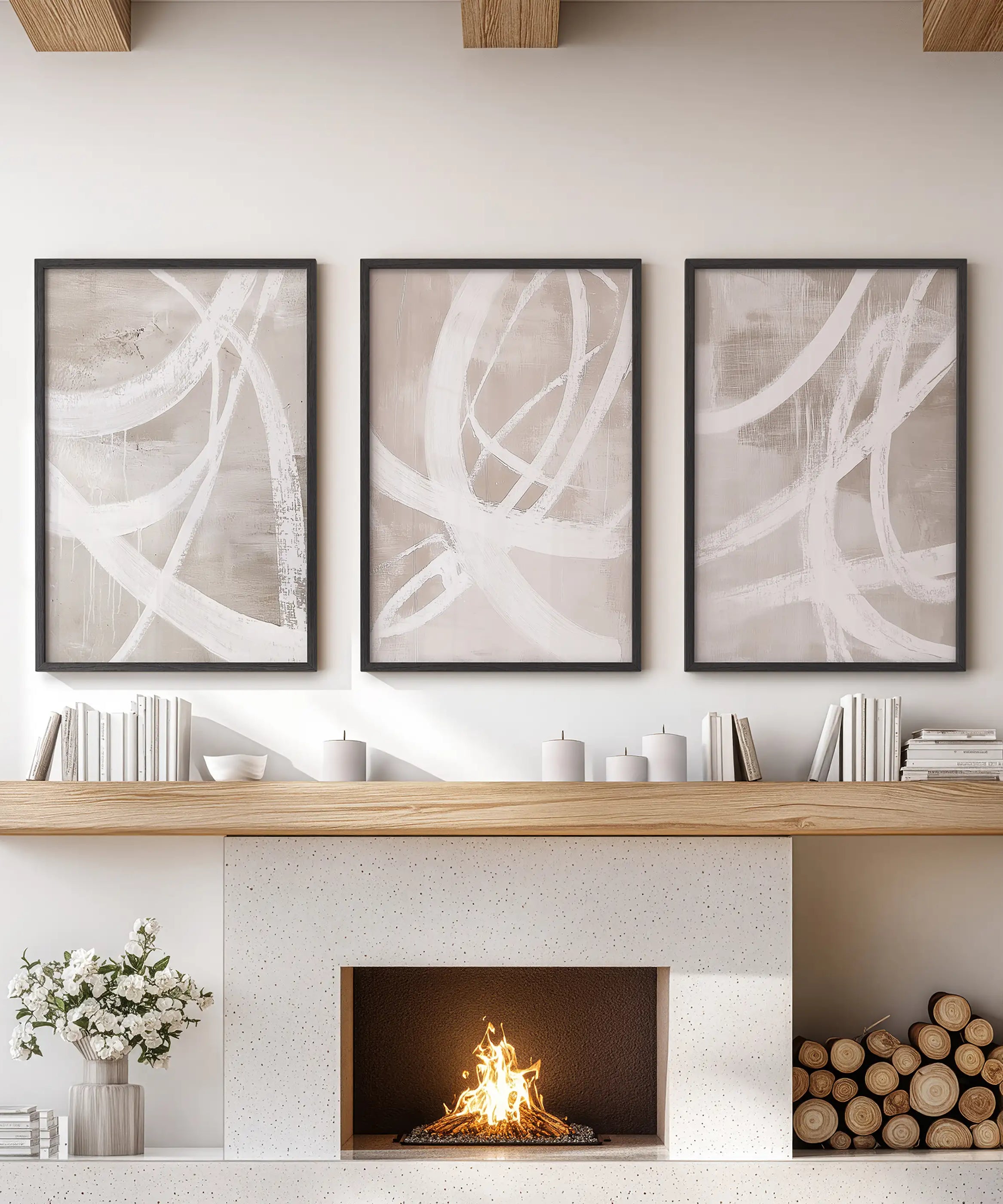 Modern Minimalist Abstract Triptych. Neutral Brush Stroke Art