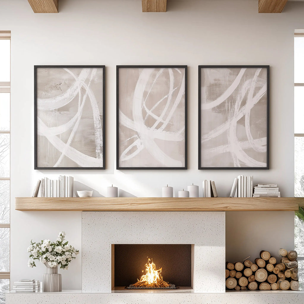 Modern Minimalist Abstract Triptych. Neutral Brush Stroke Art